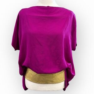DVF Diane Von Furstenburg Fuschia Silk Chiffon & Gold Leather Goya‎ Blouse Sz P